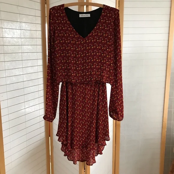 NWT AMOUR VERT sz S floral long sleeve dress red yellow floral lettuce edge - Picture 1 of 11